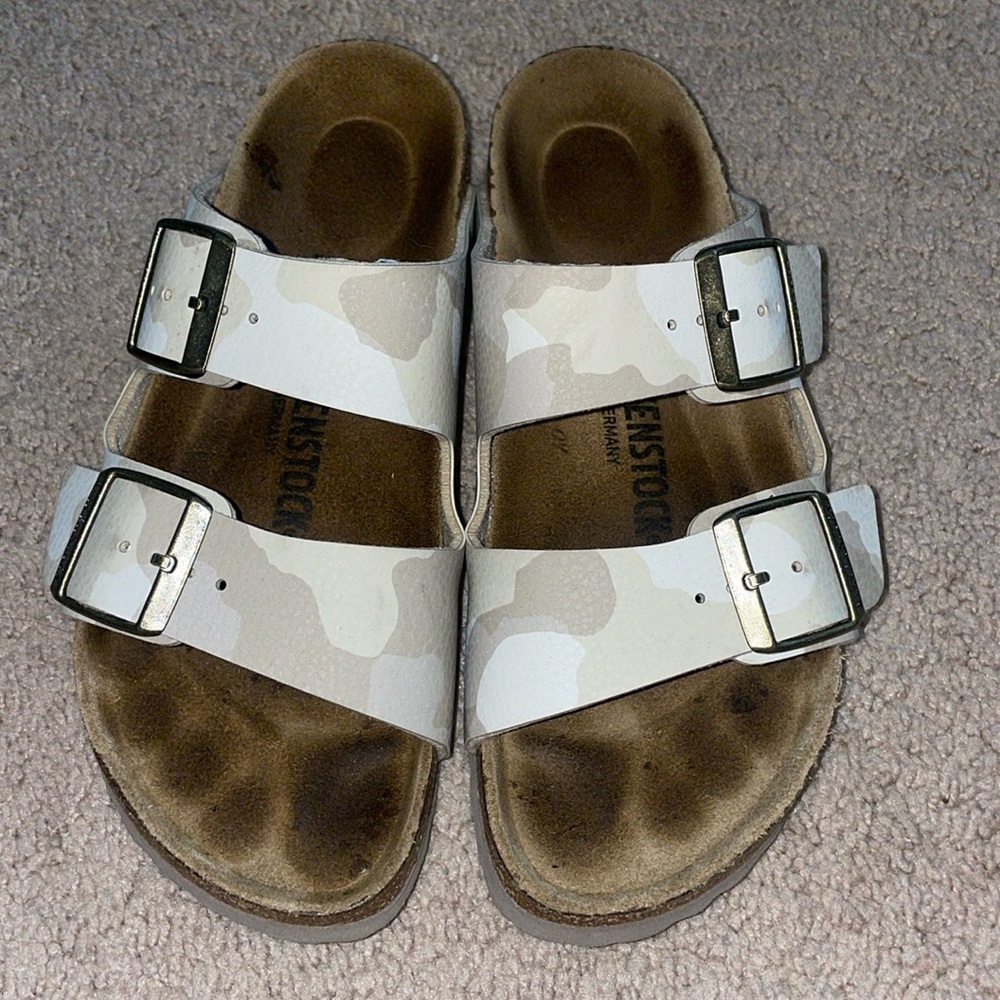 Birkenstock Arizona Two-Strap Sandals in White and Tan Camo